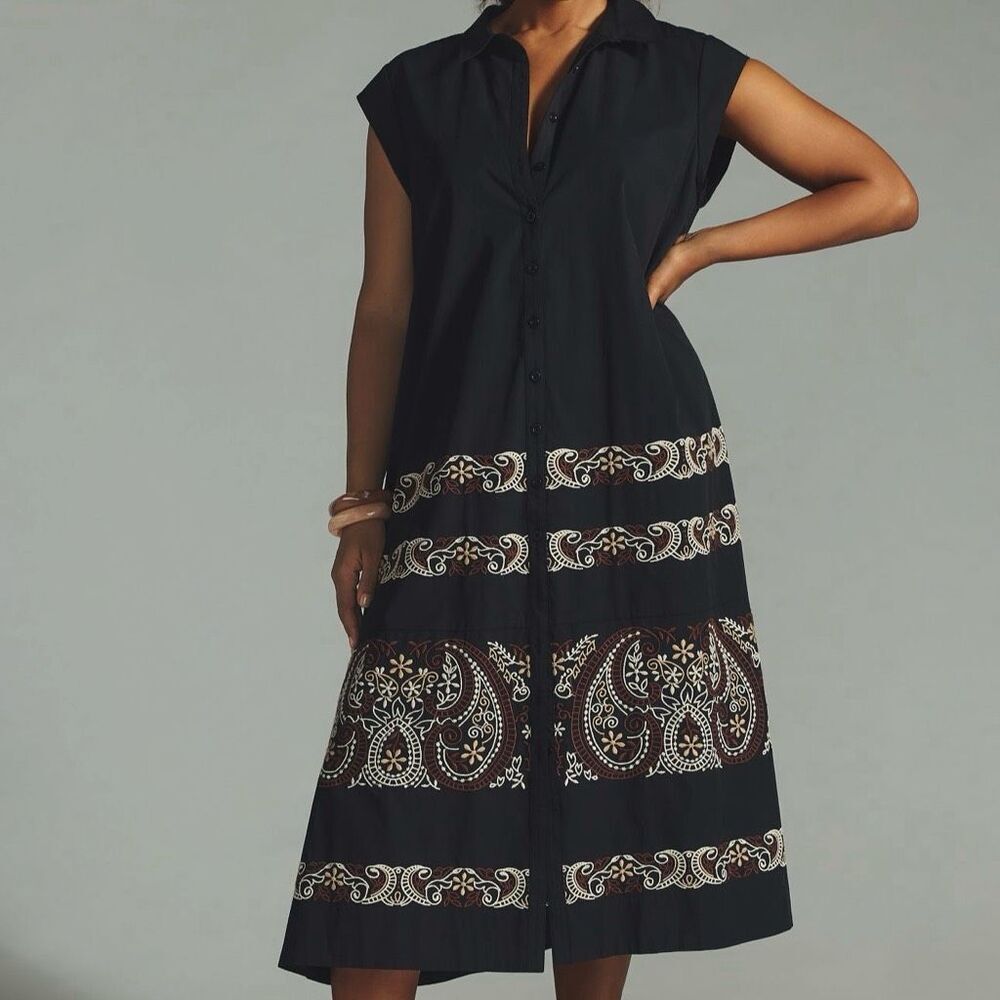 By Anthropologie Cap-Sleeve Shirt Dress L